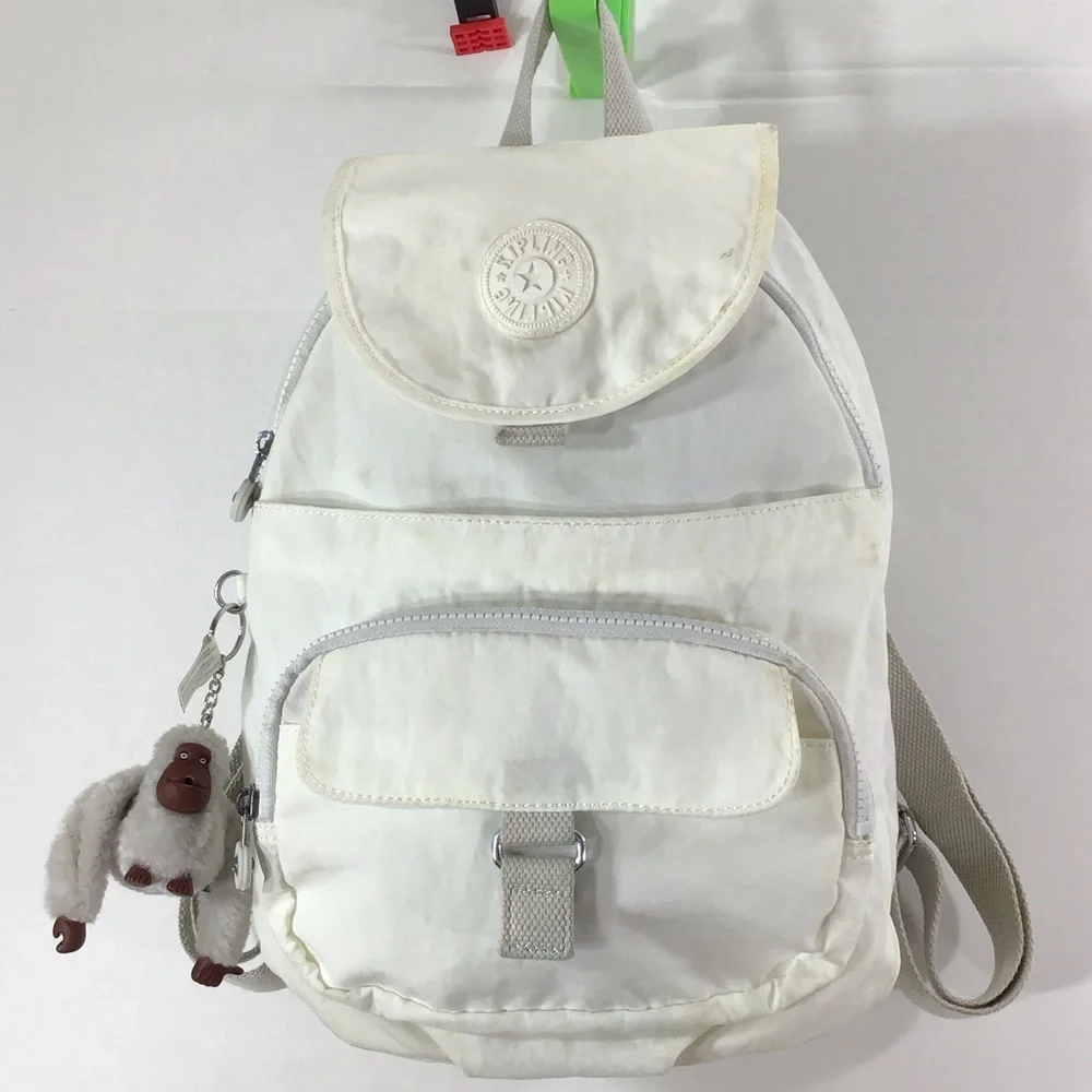 Kipling Cream Backpack with Monkey Charm